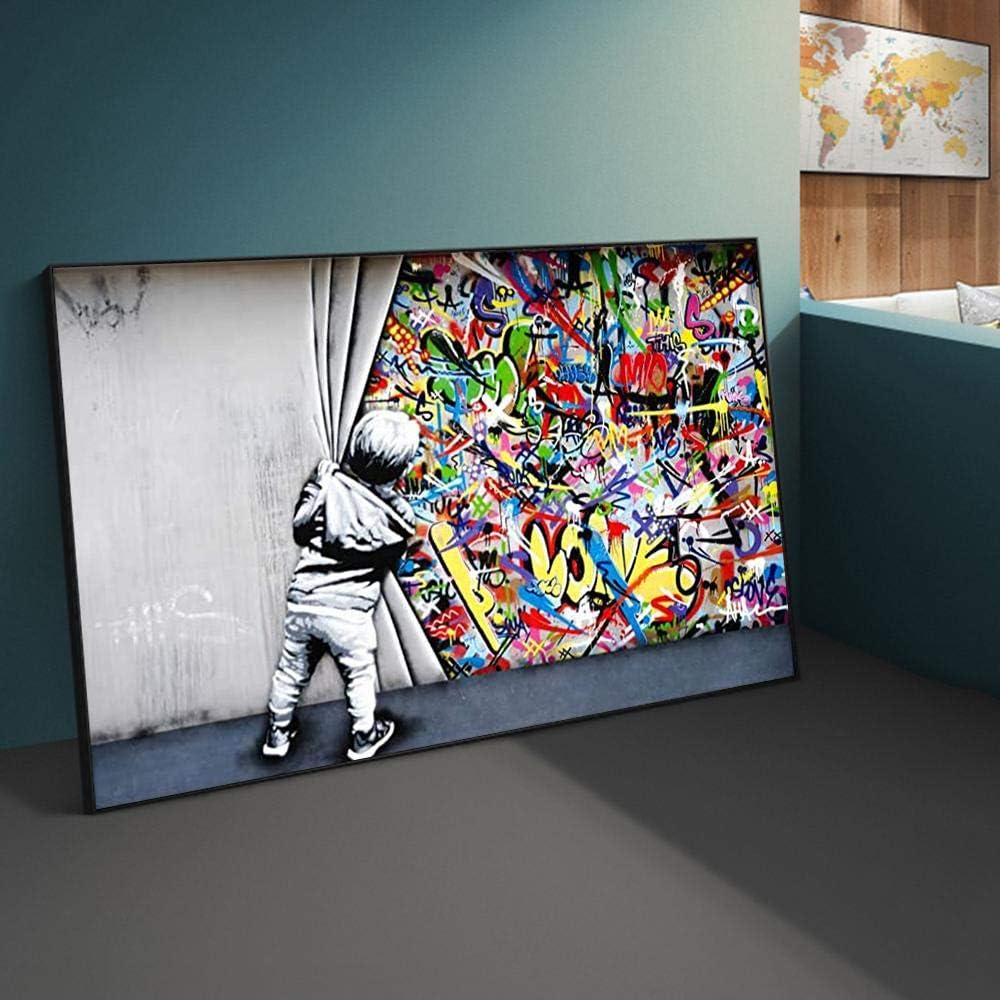 MEGA XXXL 160X90 CM Leinwandbilder inkl. Holzrahmen BANKSY HINTER DEM VORHANG