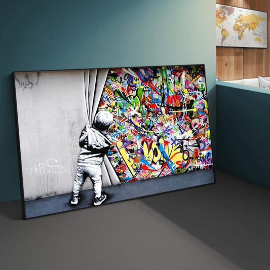 MEGA XXXL 160X90 CM Leinwandbilder inkl. Holzrahmen BANKSY HINTER DEM VORHANG