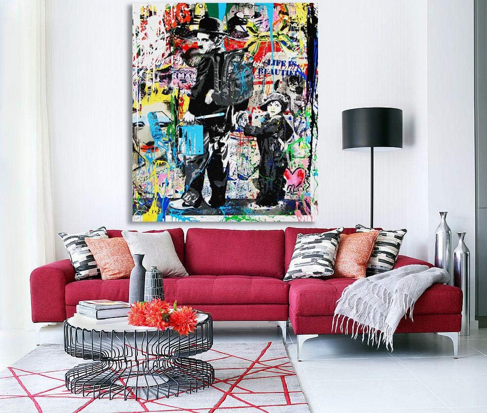MEGA XXXL 160X90 CM Leinwandbilder inkl. Holzrahmen X141 Banksy Charlie Chaplin