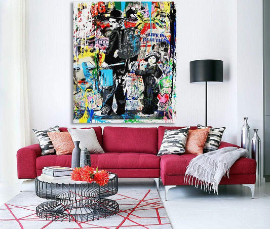 MEGA XXXL 160X90 CM Leinwandbilder inkl. Holzrahmen X141 Banksy Charlie Chaplin