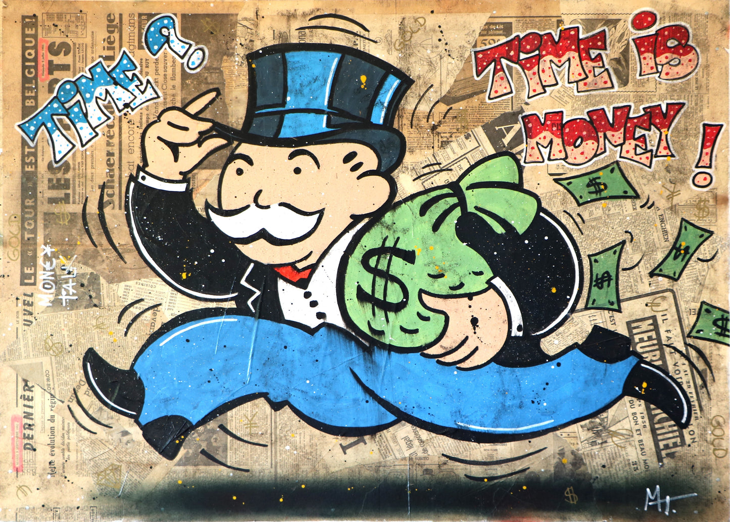 TIME IS MONEY MONOPOLY GELD COMIC HANDGEMALT - MEGA XXXL 160X90 CM Leinwandbilder inkl. Holzrahmen