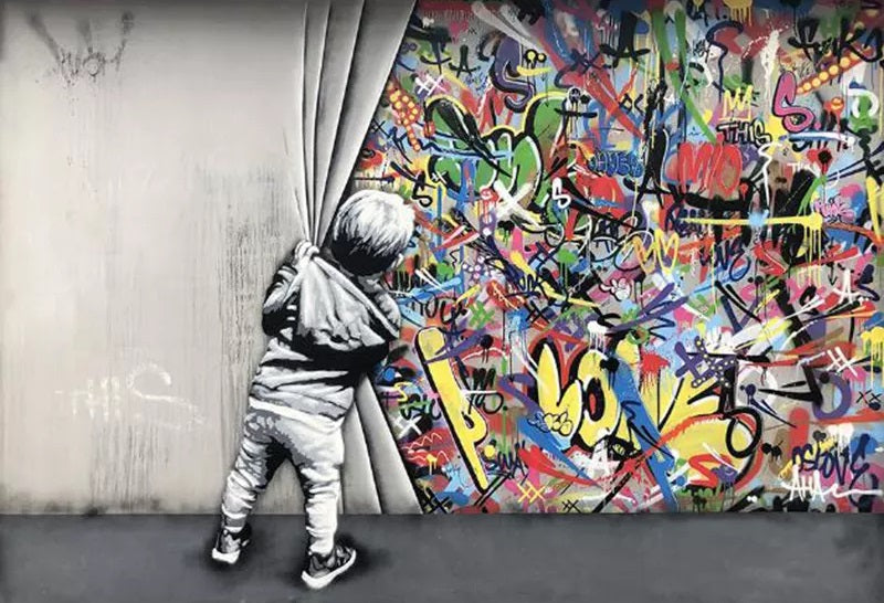 MEGA XXXL 160X90 CM Leinwandbilder inkl. Holzrahmen BANKSY HINTER DEM VORHANG