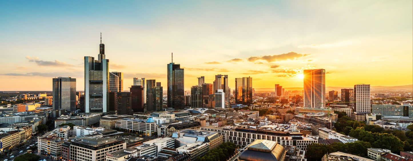 PANORAMA86 XXL - LEINWANDBILDER-PANORAMA-FRANKFURT-SKYLINE-WOLKENKRATZER-HIMMEL-BLAU-GELB-SONNENUNTERGANG-SONNENAUFGANG-SCHWARZ