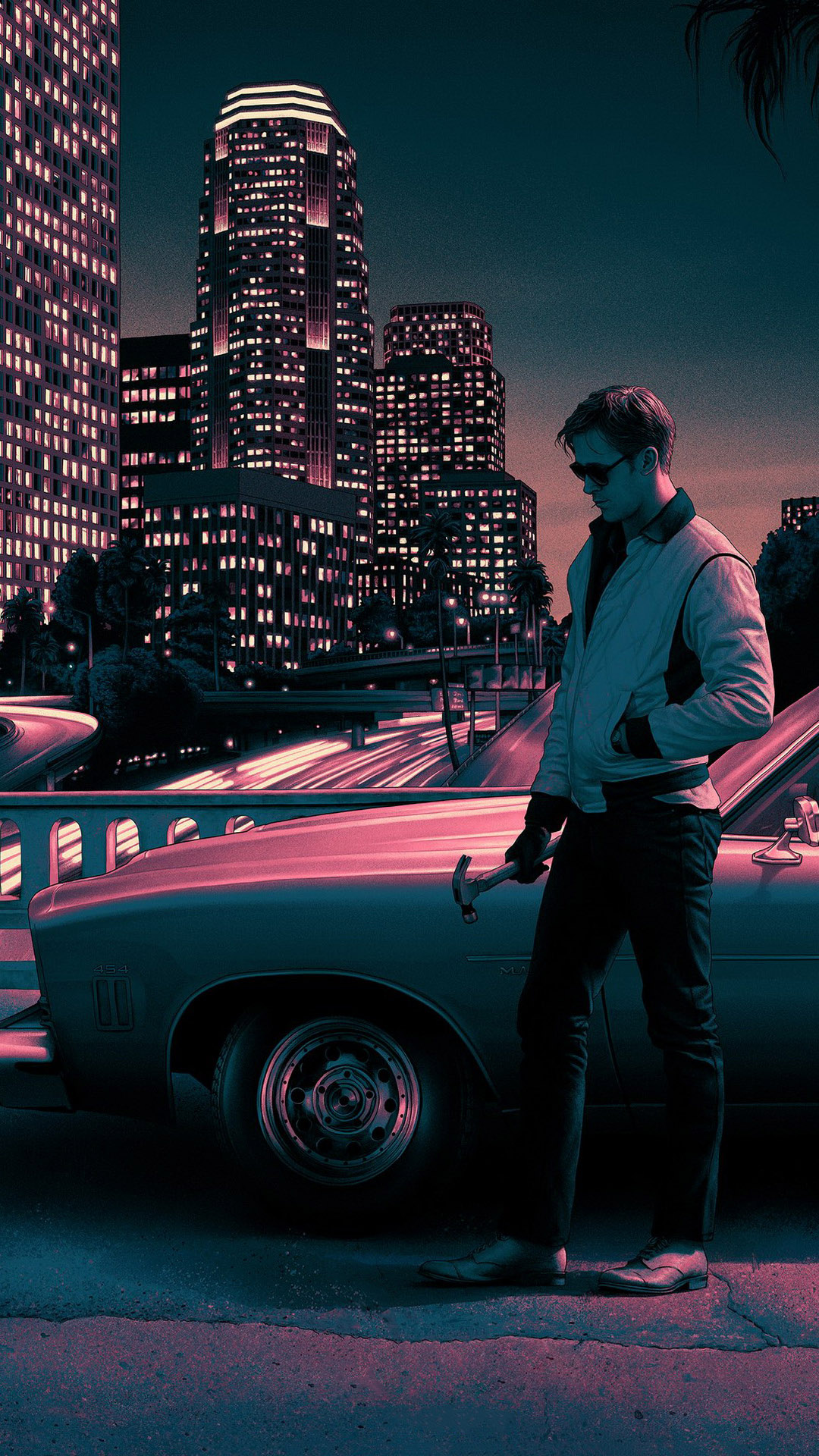 X539 XXL Leinwandbilder Driver Film Poster Ryan Gosling Auto Skyline Nachts Neon LIla Violett MEGA XXXL 160X90 CM Leinwandbilder inkl. Holzrahmen