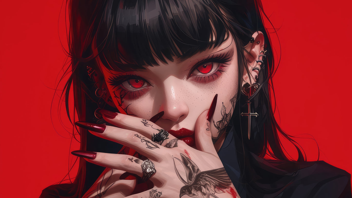 X815 - XXXL LEINWANDBILDER INKLUSIVE HOLZRAHMEN - Frau Mit Tattoos Rote Augen Körperkunst Alternative Mode Augenfarbe Selbstbewusstsein Kreativität Schönheit