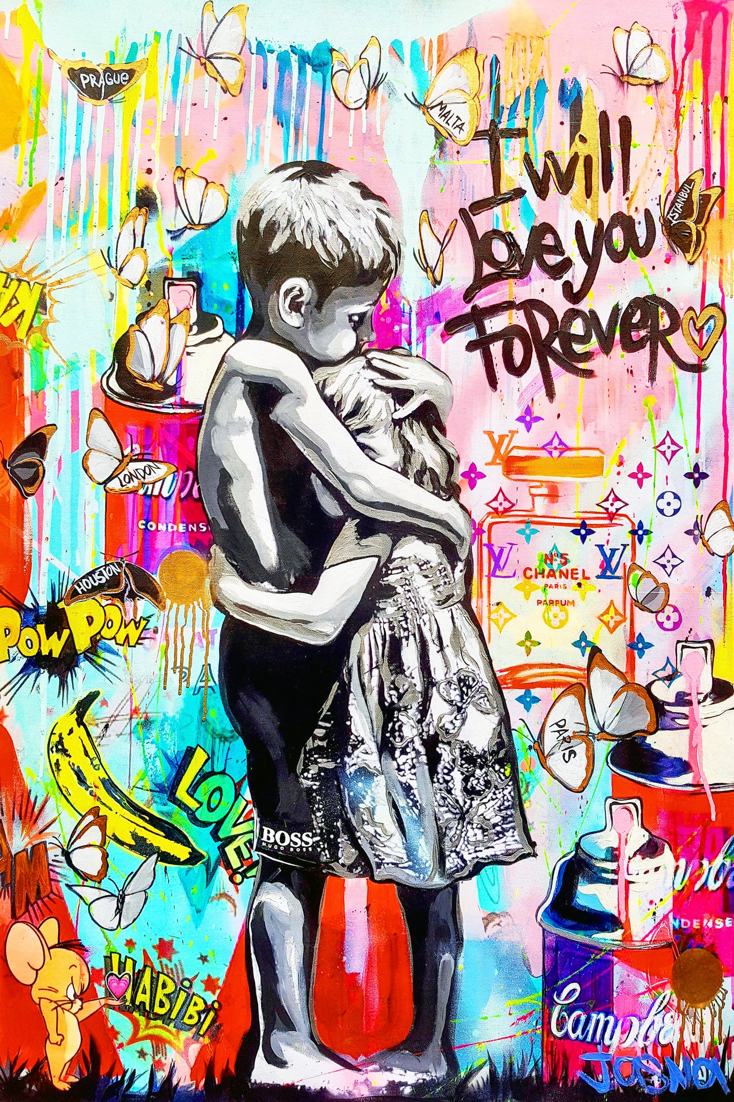 XXL LEINWANDBILDER BANKSY I WILL LOVE YOU FOREVER UMARMUNG LIEBE STREET ART LUXUS MARKEN - MEGA XXXL 160X90 CM Leinwandbilder inkl. Holzrahmen