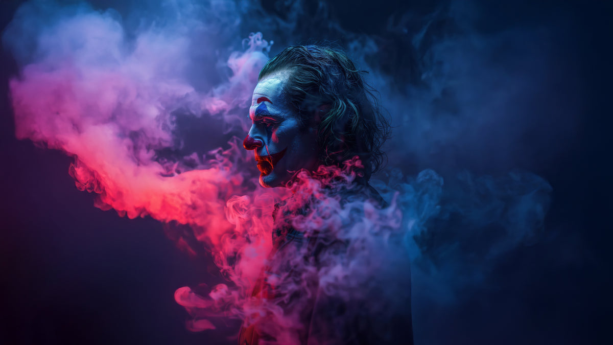 XXL Leinwandbilder Joker Batman Chaos Nebel Neonfarben Bengalo Rauch