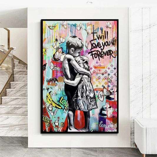 XXL LEINWANDBILDER BANKSY I WILL LOVE YOU FOREVER UMARMUNG LIEBE STREET ART LUXUS MARKEN - MEGA XXXL 160X90 CM Leinwandbilder inkl. Holzrahmen