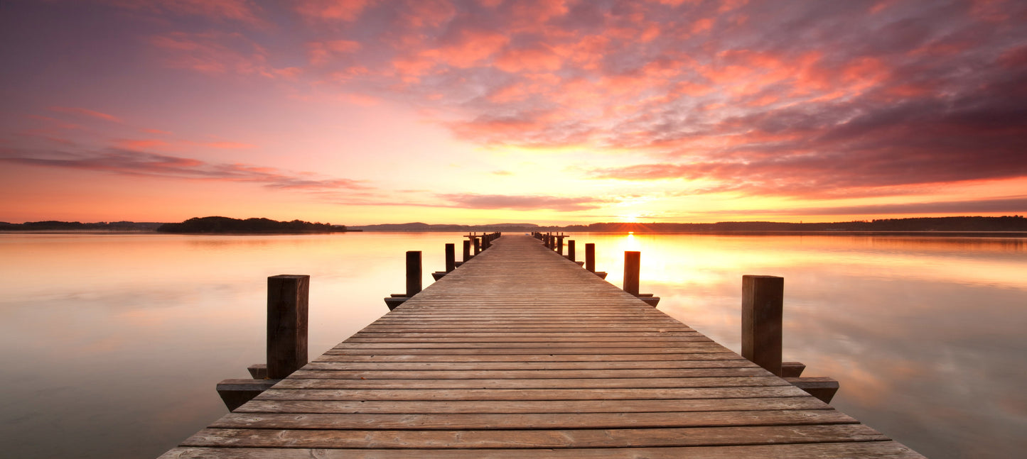 panorama-131 XXL Leinwandbilder inklusive Holzrahmen Holzpier Sonnenuntergang Wasserlandschaft Naturfotografie Reiseziele Landschaft Entspannung Urlaub Natur Fotografie