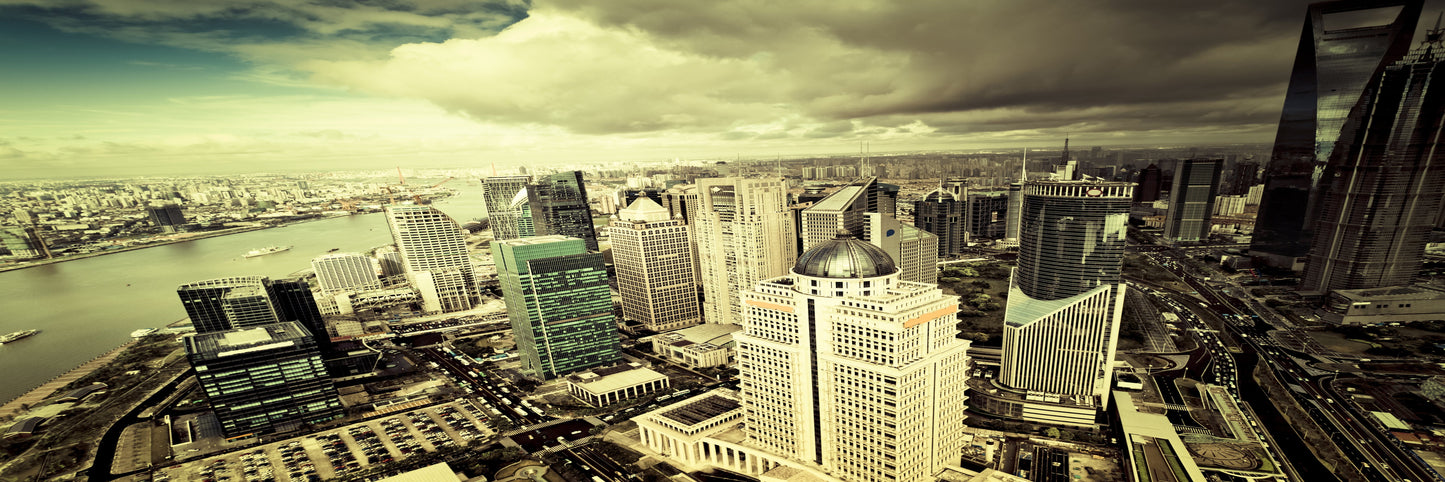 panorama-135 XXL Leinwandbilder inklusive Holzrahmen Stadtansicht Hochhäuser Skyline Stadtleben Architektur Stadtfotografie Bauwerke Stadtlandschaft UrbanArt Stadtlichter