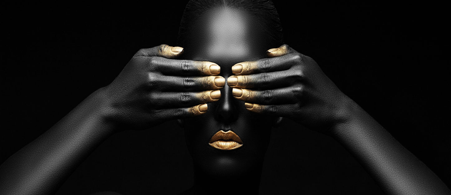 panorama-140 XXL Leinwandbilder inklusive Holzrahmen Goldnägel Nageldesign Beauty Inspiration Fashionista Makeup KunstDerSchönheit StilIkone Gesichtsbedeckung