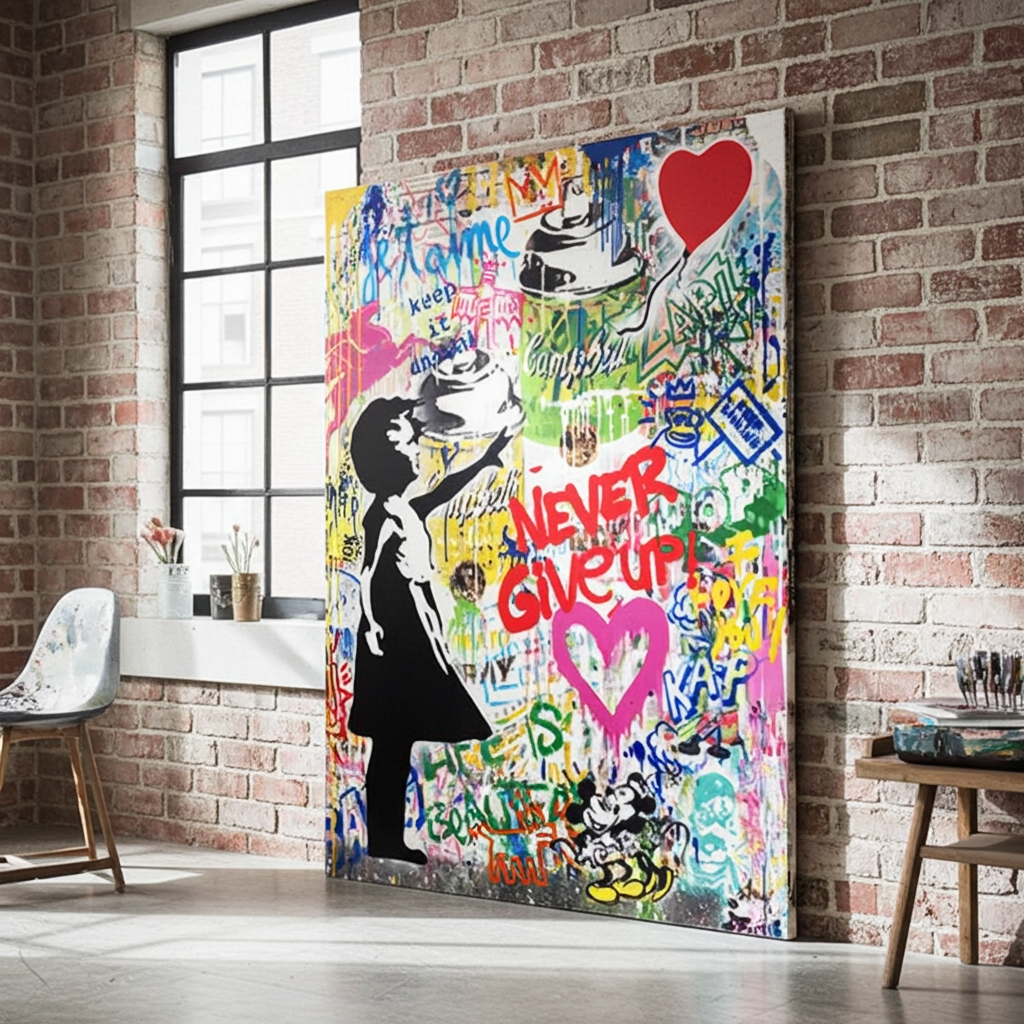 XXL LEINWANDBILDER - LEINWANDDRUCK MIT HOLZRAHMEN - BANKSY NEVER GIVE UP VERTIKAL BALOON MÄDCHEN HERZ HOCHFORMAT STREET ART