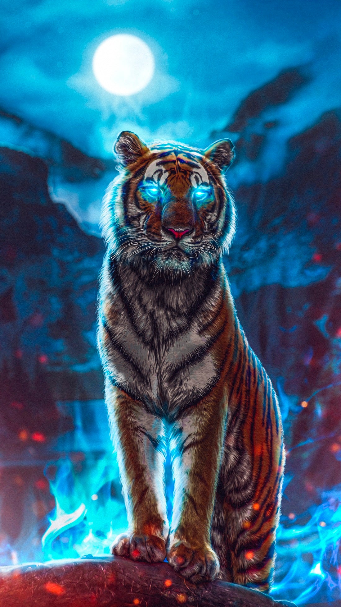X766 - XXXL LEINWANDBILDER INKLUSIVE HOLZRAHMEN Tiger Blaue Augen Vollmond Naturfotografie Wildtiere Tierwelt Felsen Nachtaufnahme Tierliebhaber Magische Momente