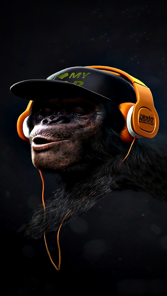 x543  XXL Leinwandbilder Monkey Swag Malerei Gelbe Kopfhörer Affe mit Kappe Mund Singen Kultig Schwarz Tiere - MEGA XXXL 160X90 CM Leinwandbilder inkl. Holzrahmen