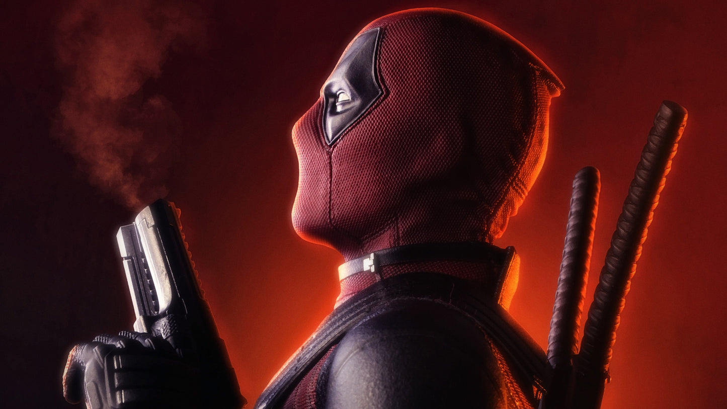 x569 XXL Leinwandbilder Deadpool Superheld Supervillain Pistolenrauch rotes Licht Seite - MEGA XXXL 160X90 CM Leinwandbilder inkl. Holzrahmen