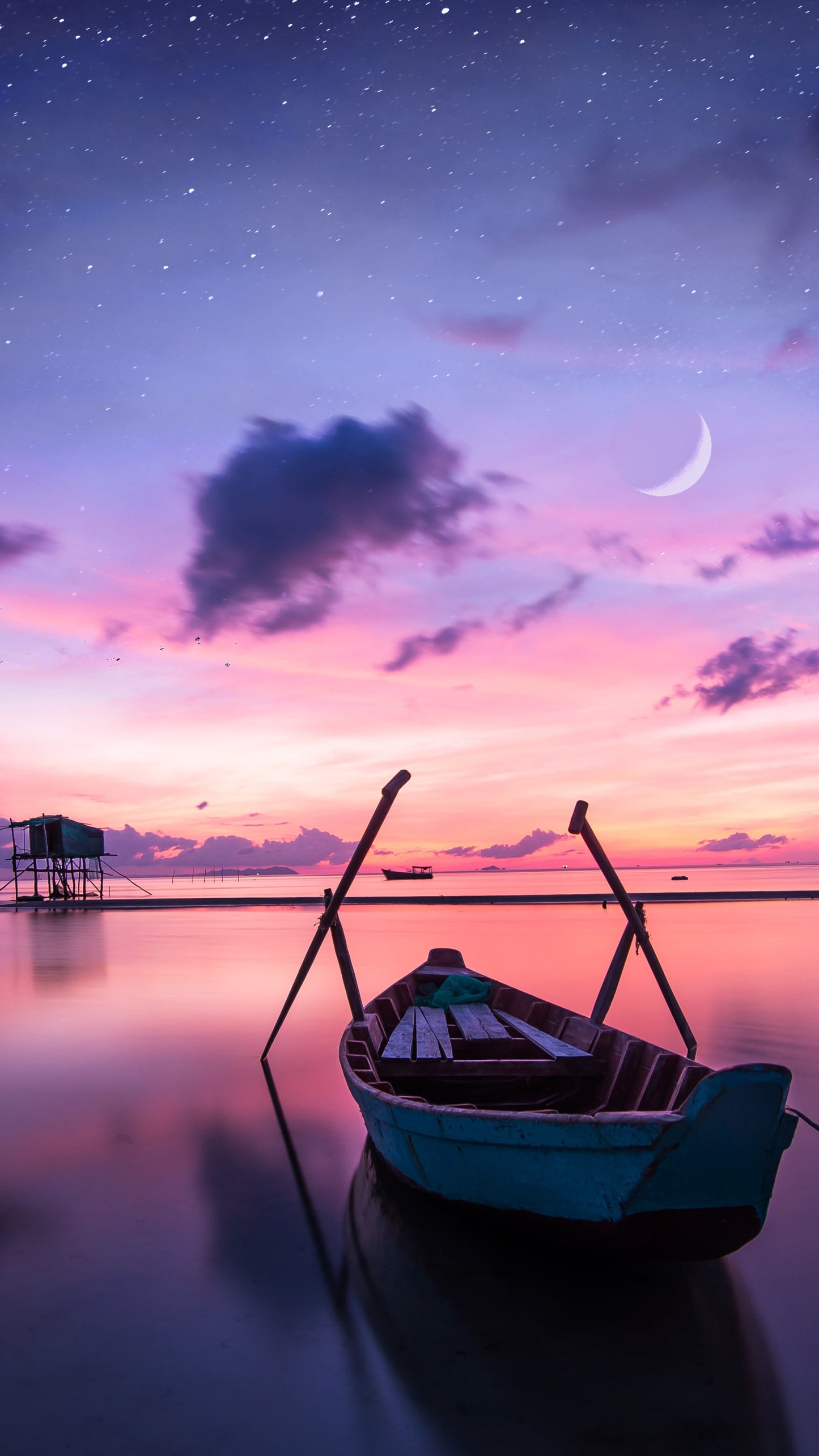 x577 XXL Leinwandbilder Boot kurz vor Sonneuntergang Farbverlauf Neon Lila Mond Himmel Wolken See - MEGA XXXL 160X90 CM Leinwandbilder inkl. Holzrahmen