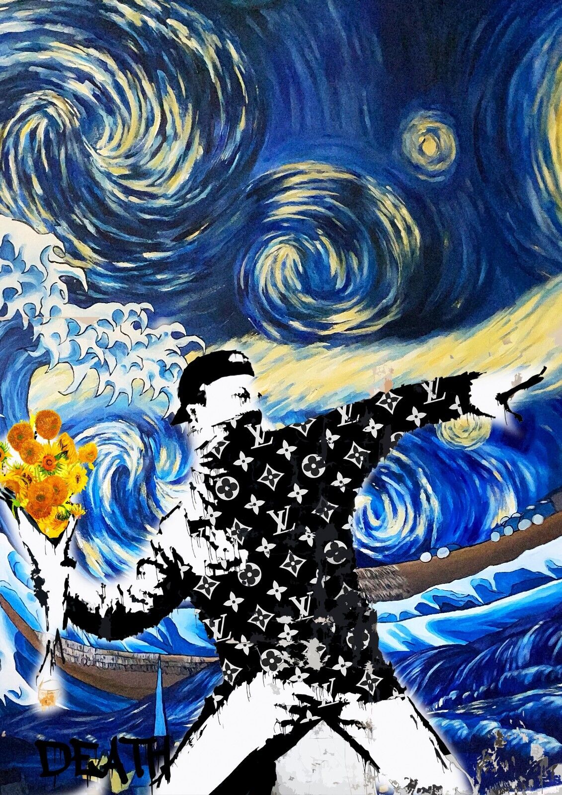 x583 XXL LEINWANDBILDER - LEINWANDDRUCK MIT HOLZRAHMEN - Banksy Blumenwerrfer Van Gogh Louis Vuitton Blau Schwarz Handgemalt