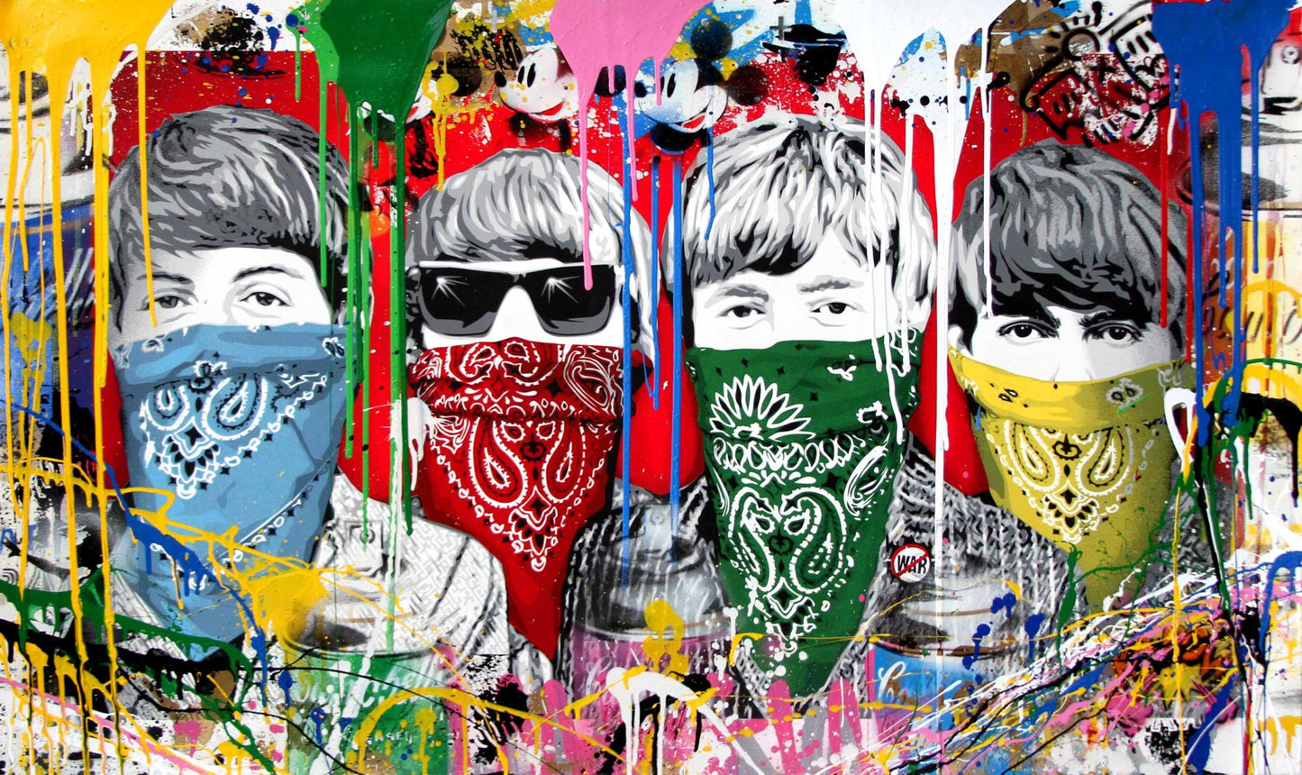 x589 XXL Leinwandbilder Banksy Street Art Beatles Rock Music Musiker Bandana Bunte Farben Regenbogen Handgemalt - MEGA XXXL 160X90 CM Leinwandbilder inkl. Holzrahmen