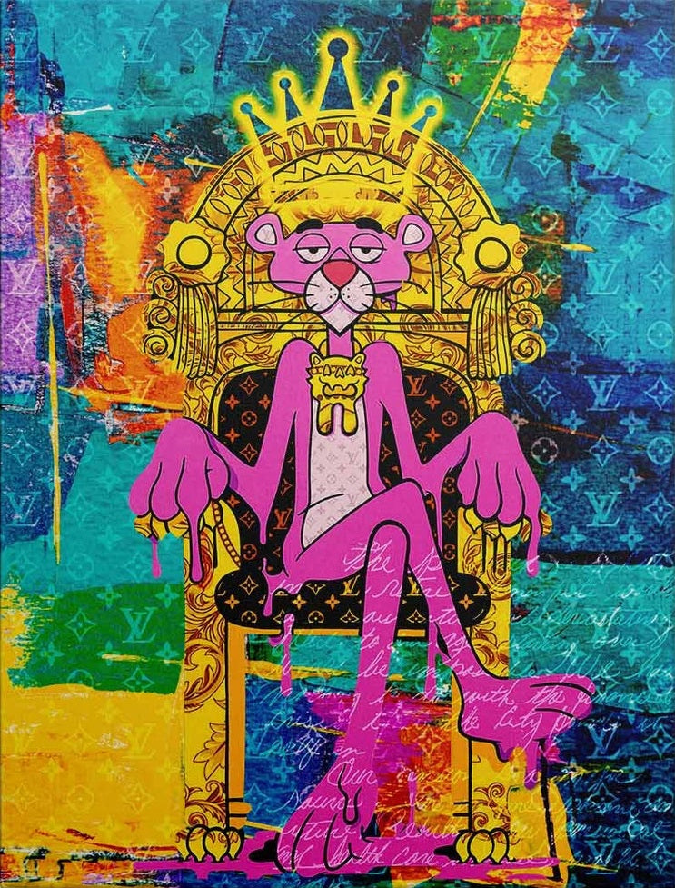 x606 XXL LEINWANDBILDER - LEINWANDDRUCK MIT HOLZRAHMEN - Pink Panther König Thron Louis Vuitton Luxus Marken Logo Krone Blau