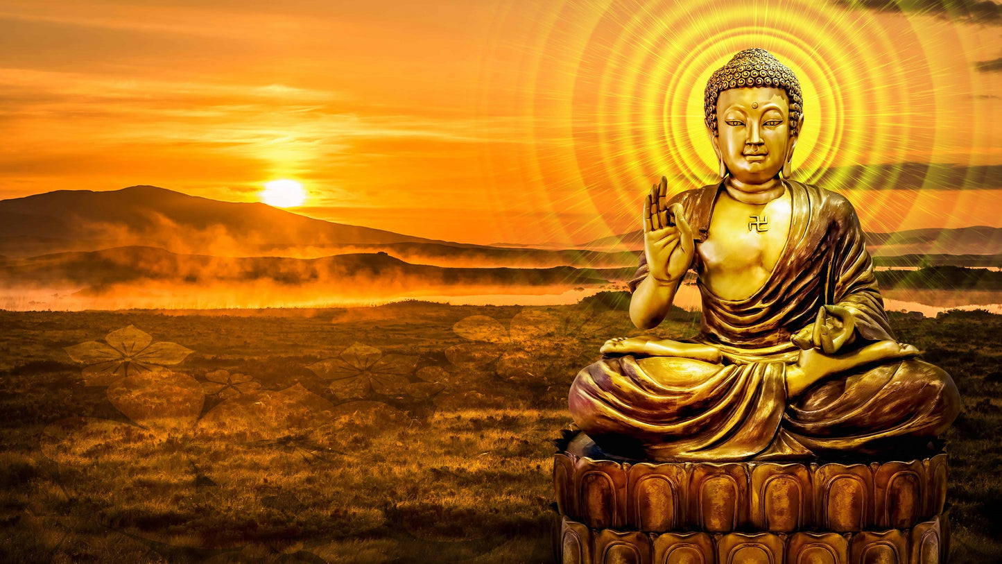 x618 XXL Leinwandbilder Buddha Statue Buddhismus Mythisch Geheimnisvoll Sonnenuntergang Meditation Spa Entspannung Zen Chill MEGA XXXL 160X90 CM Leinwandbilder inkl. Holzrahmen