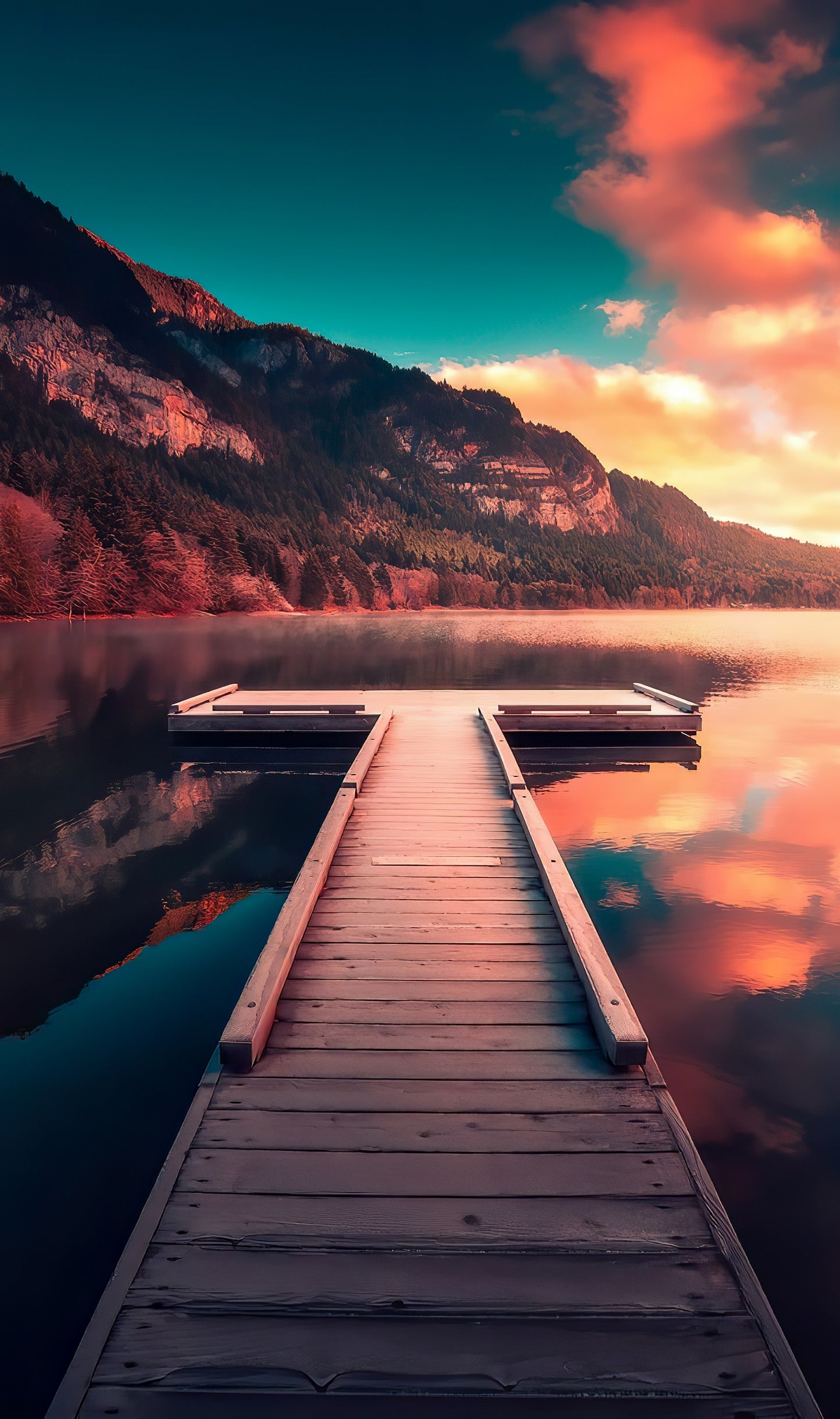 x652 XXL Leinwandbilder - Wolken Art Wasser Berge Hügel Steg Farbverlauf Neon Farben See - MEGA XXXL 160X90 CM Leinwandbilder inkl. Holzrahmen