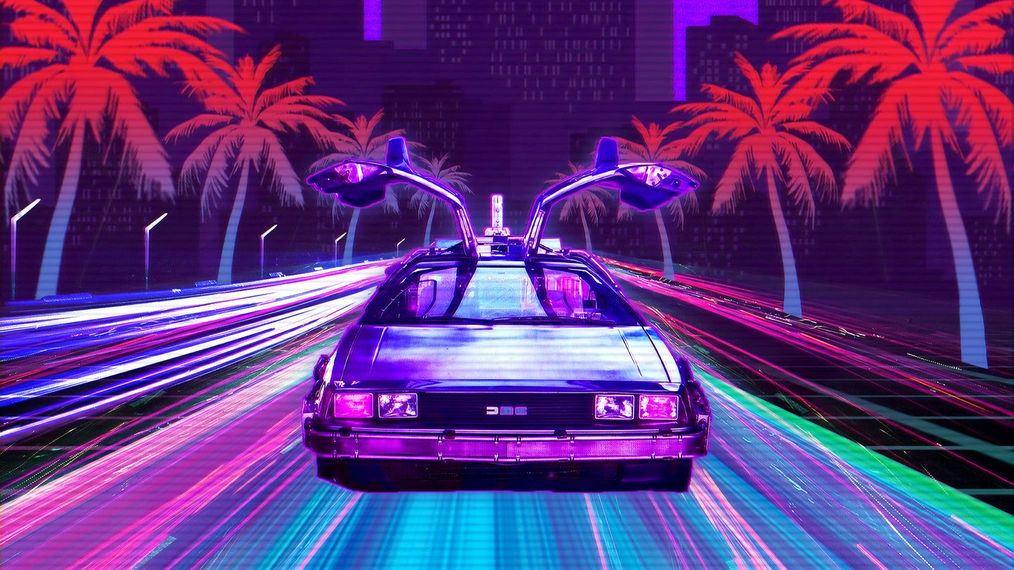 x654 - Zeitreisen DLC Delorean Zurück in die Zukunft Palmen Autobahn Speed Geschwindigkeit neon Farbverlauf - MEGA XXXL 160X90 CM Leinwandbilder inkl. Holzrahmen