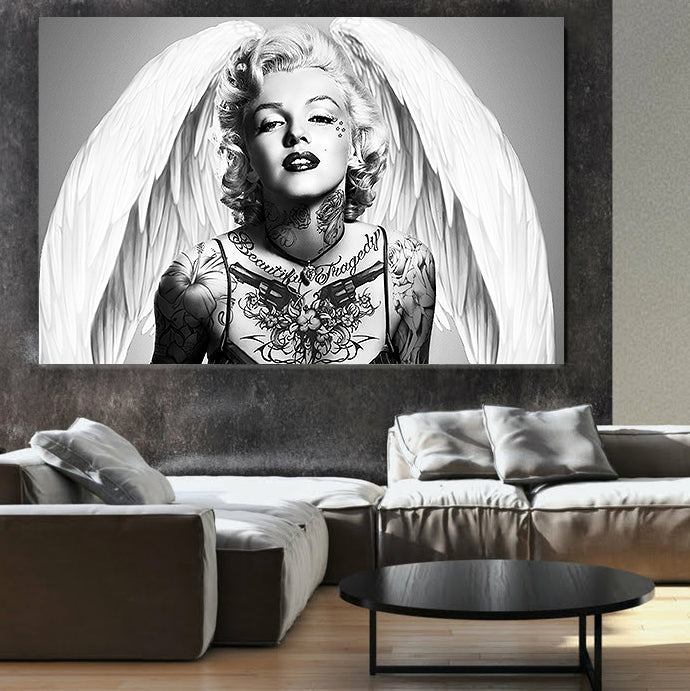 MEGA XXXL 160X90 CM Leinwandbilder inkl. Holzrahmen - MARILYN MONROE SCHWARZ WEISS ENGEL HOLLYWOOD TATTOO