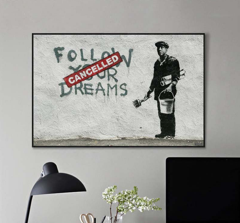 MEGA XXXL 160X90 CM Leinwandbilder inkl. Holzrahmen Banksy Follow Your Dreams Cancelled