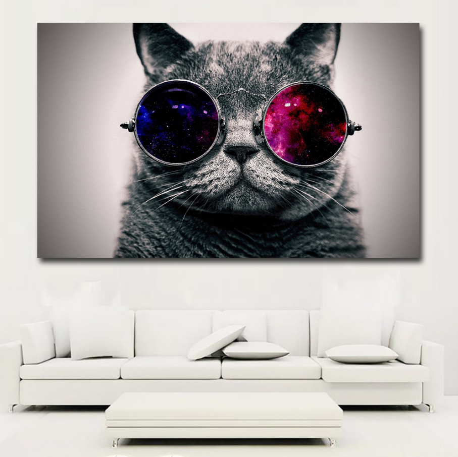 W132 - MEGA XXXL 160X90 CM Leinwandbilder inkl. Holzrahmen - COOL CAT KATZE LILA SCHWARZ WEISS