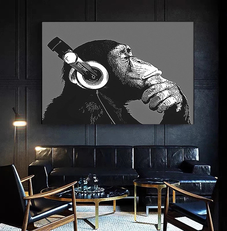 W6 - MEGA XXXL 160X90 CM Leinwandbilder inkl. Holzrahmen - AFFENLÄRM KOPFHÖRER SCHWARZ WEISS MUSIK TIERE