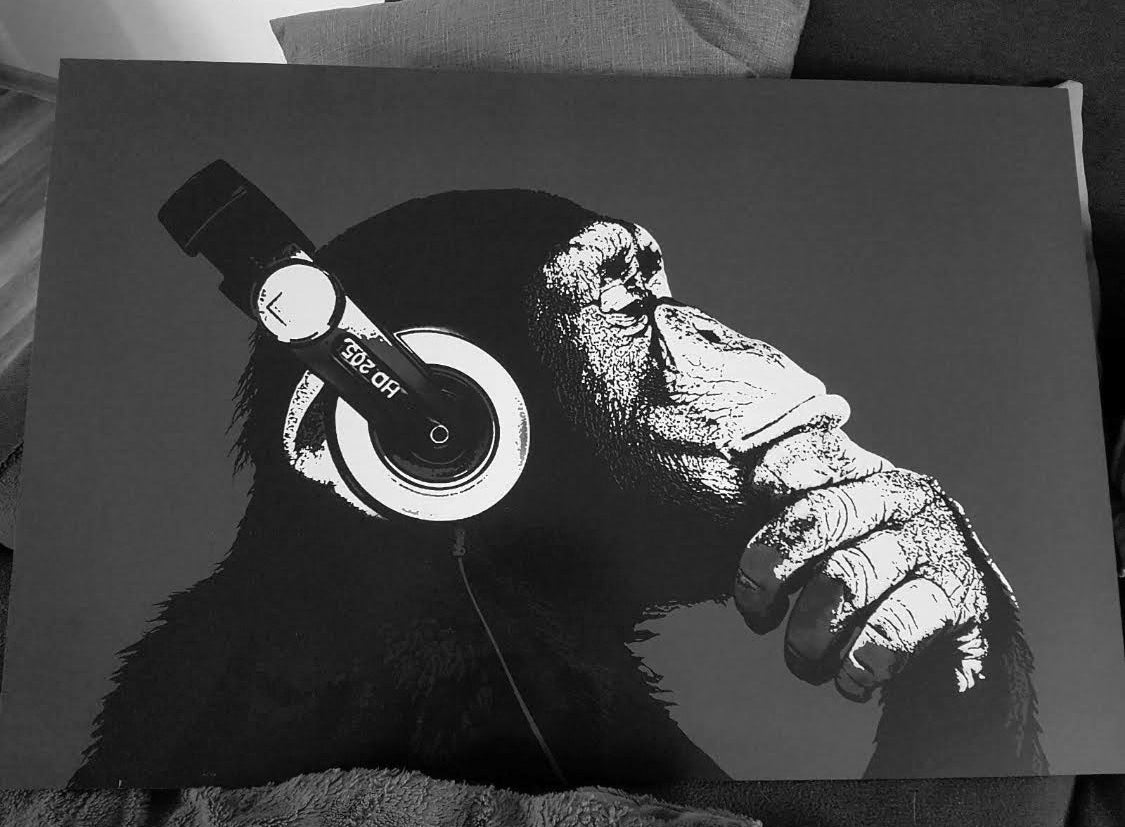 W6 - MEGA XXXL 160X90 CM Leinwandbilder inkl. Holzrahmen - AFFENLÄRM KOPFHÖRER SCHWARZ WEISS MUSIK TIERE