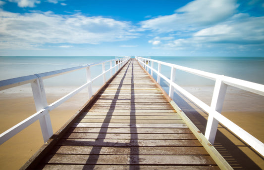 L152 - MEGA XXXL 160X90 CM Leinwandbilder inkl. Holzrahmen - STEG AM MEER WEISSE BRÜCKE HIMMELSBLAU NATUR