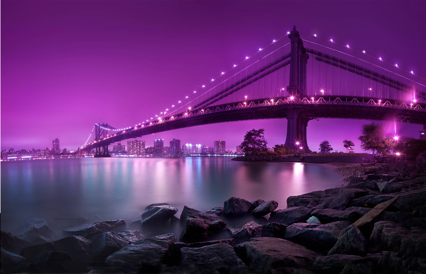 W125 - MEGA XXXL 160X90 CM Leinwandbilder inkl. Holzrahmen - BRÜCKE NEW YORK BROOKLYN BRIDGE LILA VIOLETT STADT