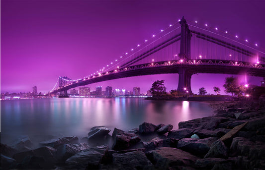 W125 - MEGA XXXL 160X90 CM Leinwandbilder inkl. Holzrahmen - BRÜCKE NEW YORK BROOKLYN BRIDGE LILA VIOLETT STADT