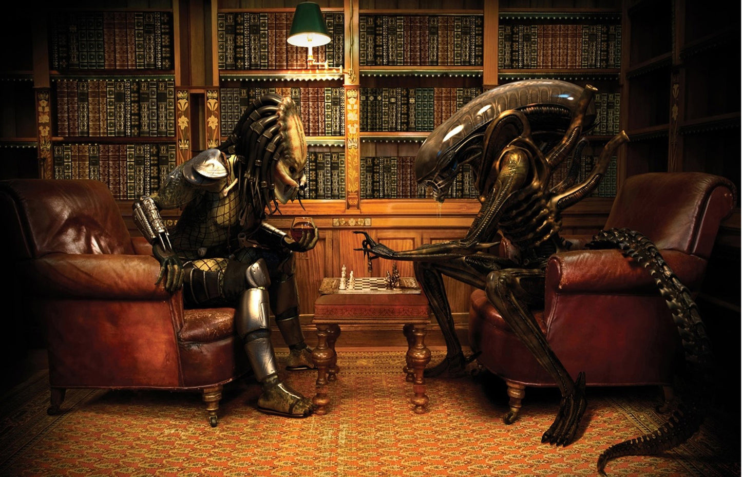W32 - MEGA XXXL 160X90 CM Leinwandbilder inkl. Holzrahmen - ALIEN VS PREDATOR FILM SCHACH HOLLYWOOD HORROR