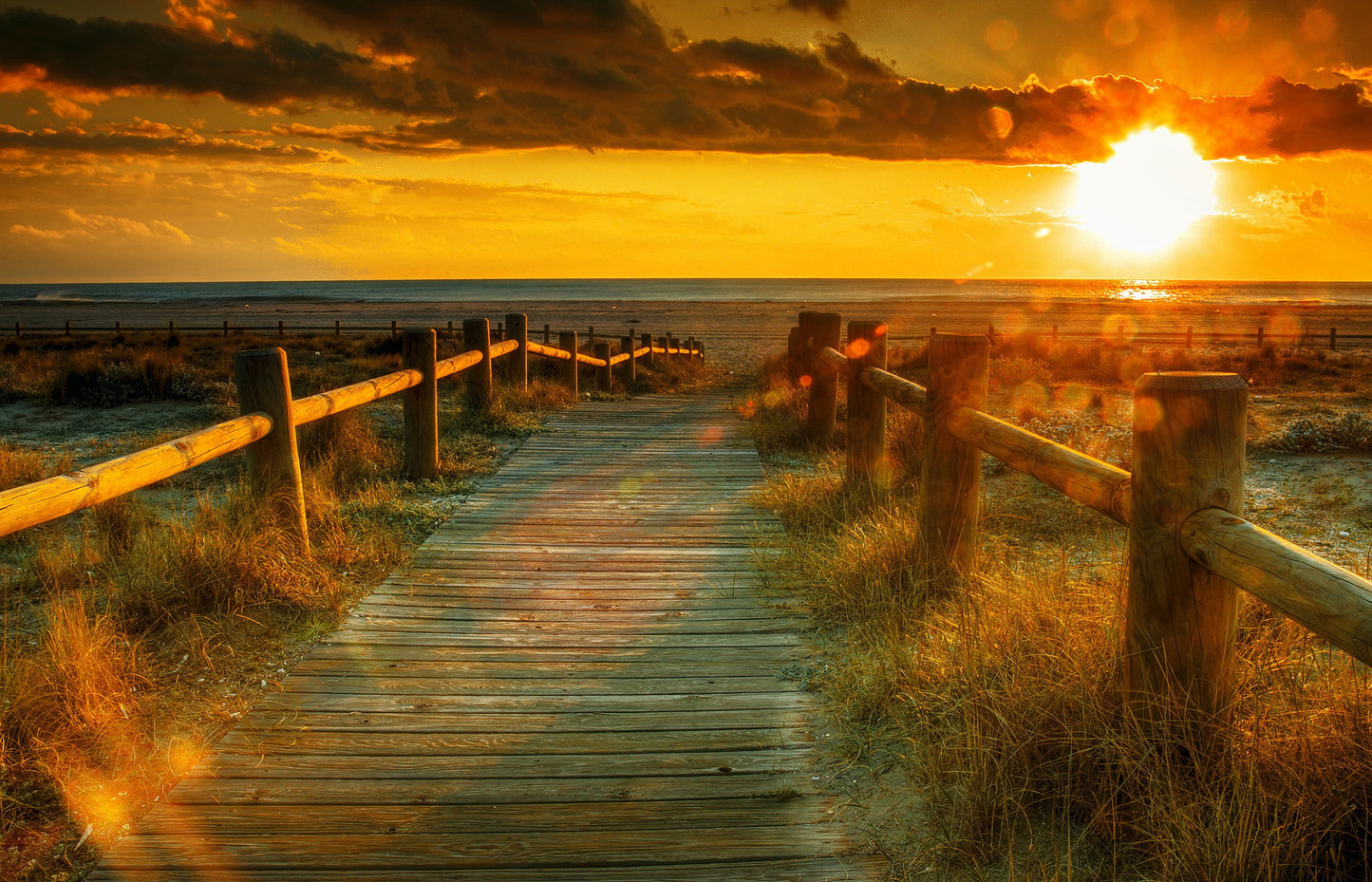 W4 - MEGA XXXL 160X90 CM Leinwandbilder inkl. Holzrahmen - SONNENUNTERGANG ABEND NATUR MEER STEG