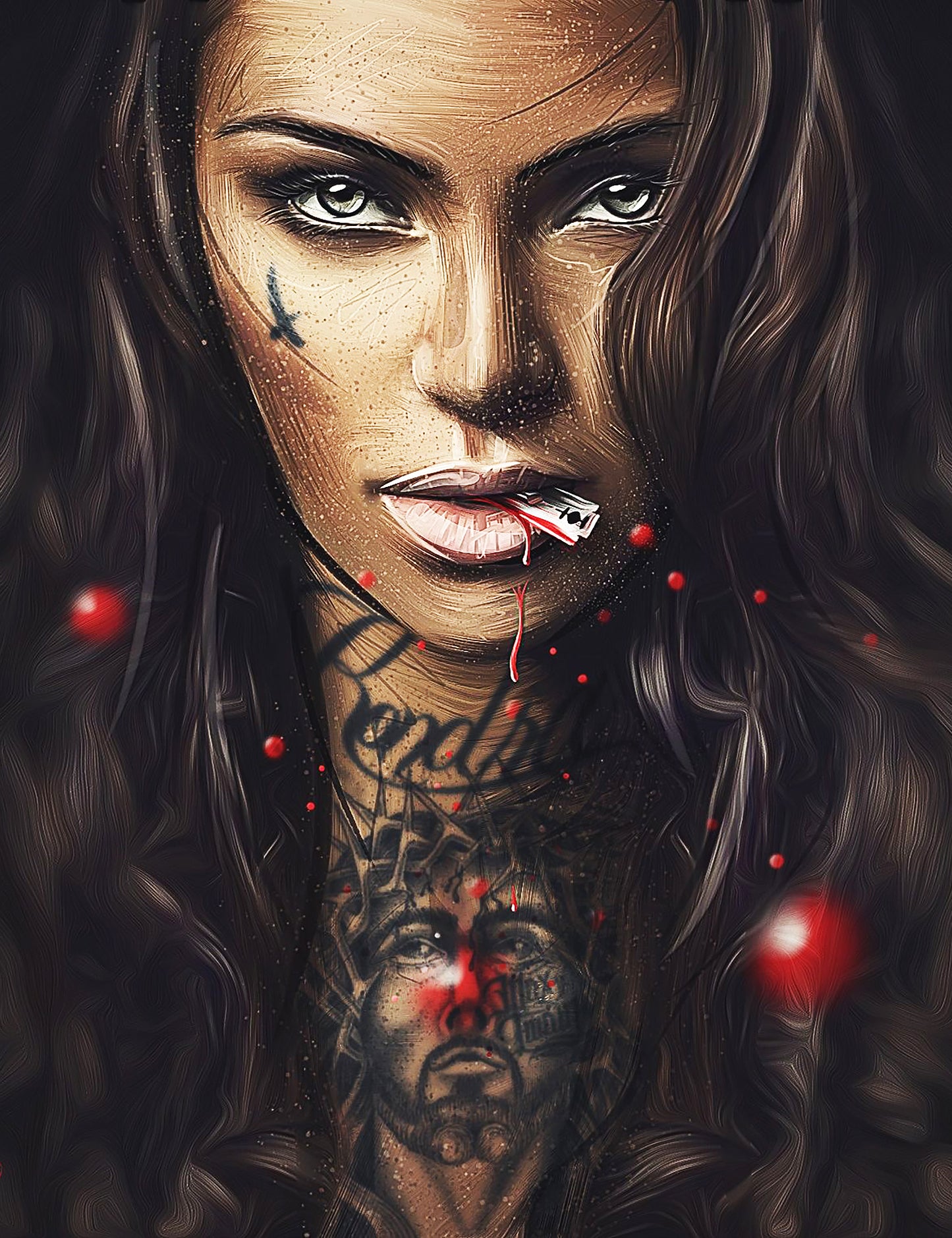 X142 - XXL LEINWANDBILDER - LEINWANDDRUCK MIT HOLZRAHMEN - Frau Digital Art Modern Look Haare Beauty Mode Friseur Braun Tattoos