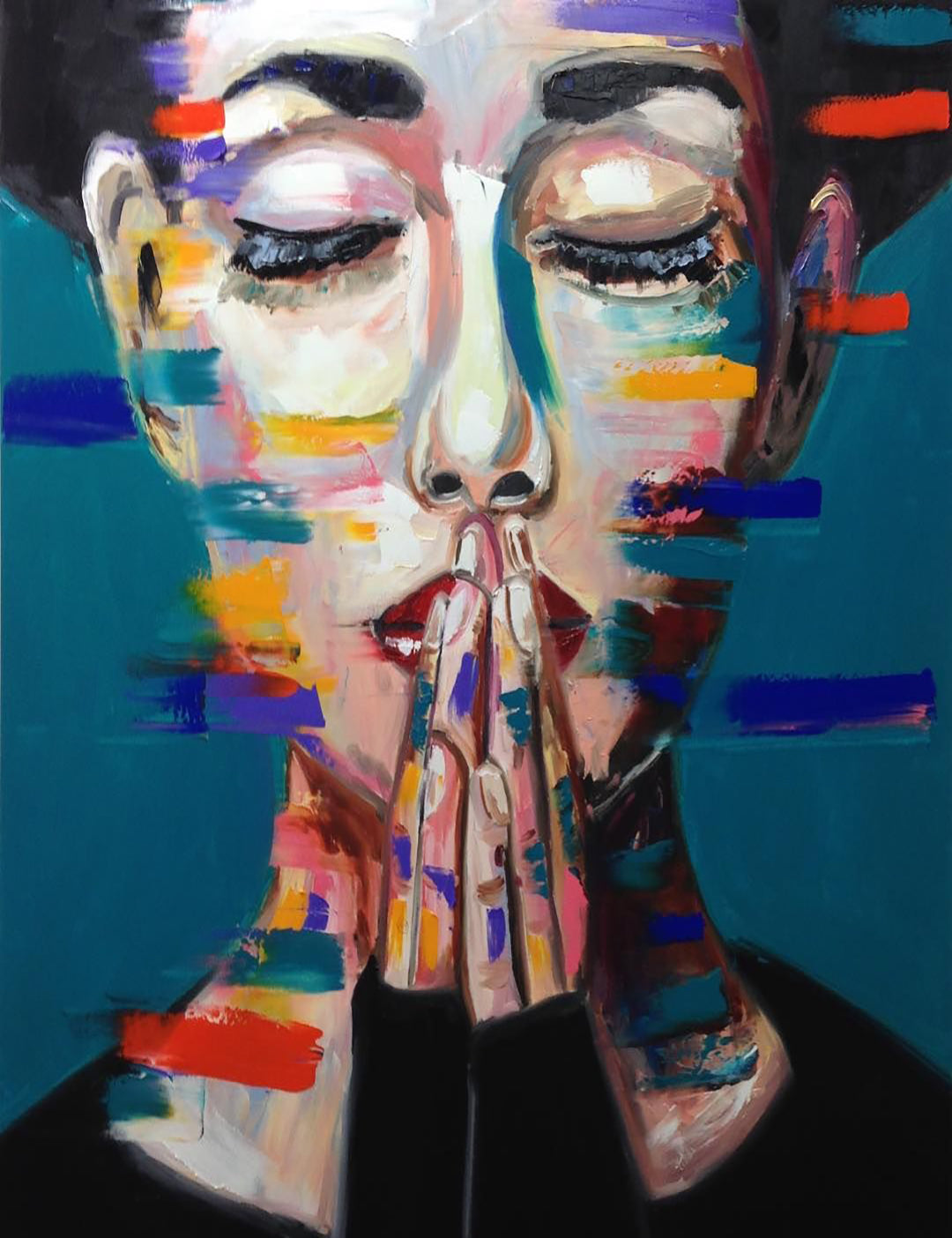 X146 - XXL LEINWANDBILDER - LEINWANDDRUCK MIT HOLZRAHMEN - Frau Abstrakt Handgemalt Illustration Modern Blau