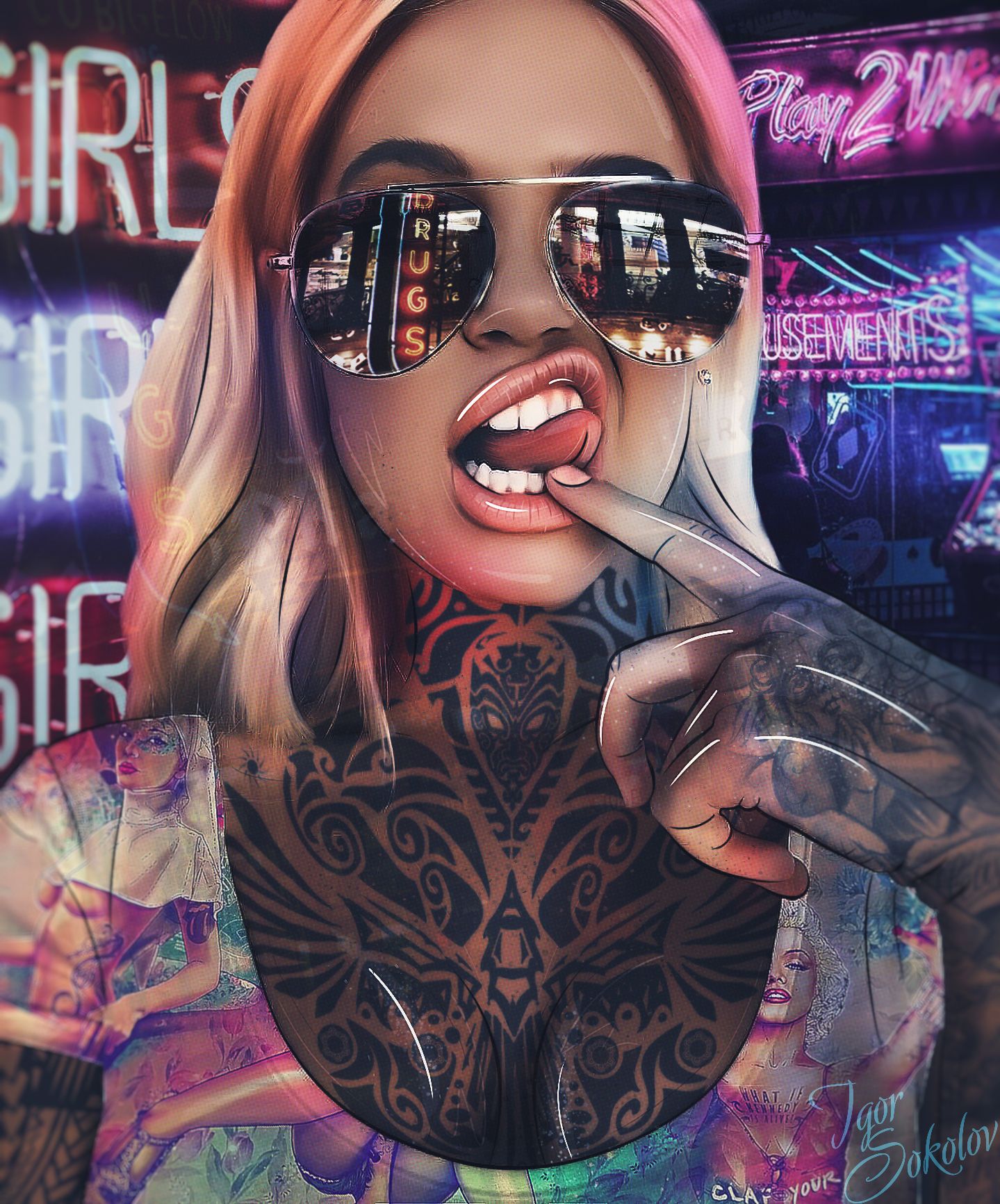 X147 -XXL LEINWANDBILDER - LEINWANDDRUCK MIT HOLZRAHMEN - Frau Sonnenbrille Tattoos Sexy Rosa Modern Zukunft Look Cool