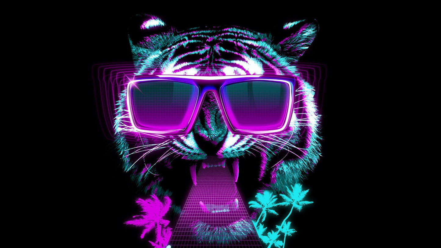 X176 - XXL LEINWANDBILDER - LEINWANDDRUCK MIT HOLZRAHMEN - Tiger Sonnenbrille Blau Lila Palmen Digital Art modern