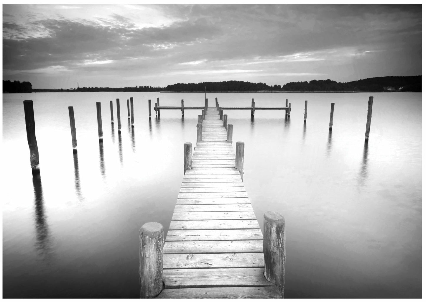 X234 - MEGA XXXL 160X90 CM Leinwandbilder inkl. Holzrahmen - Schwarz Weiß Steg im Nebel am Morgen Natur