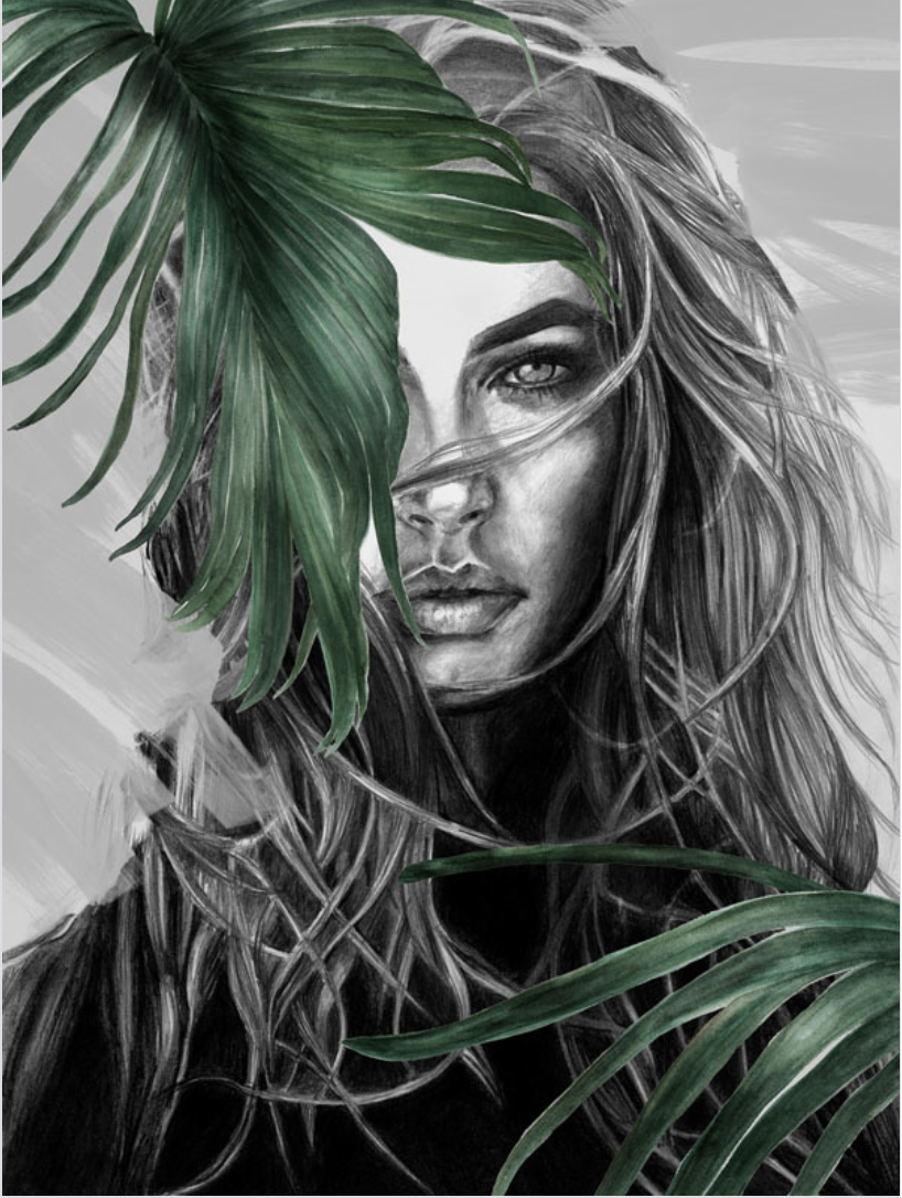X239 - MEGA XXXL 160X90 CM Leinwandbilder inkl. Holzrahmen - Frau Palme Grün Handgemalt zeichnung Natur