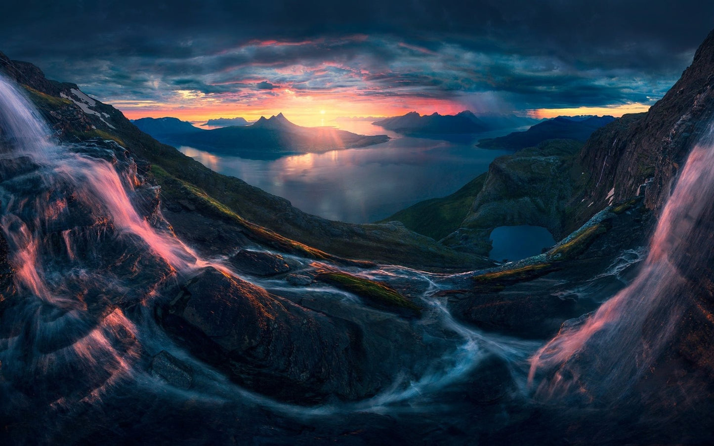 X257 - MEGA XXXL 160X90 CM Leinwandbilder inkl. Holzrahmen - Norwegen Berge River Wasserfall Fjord Sonne