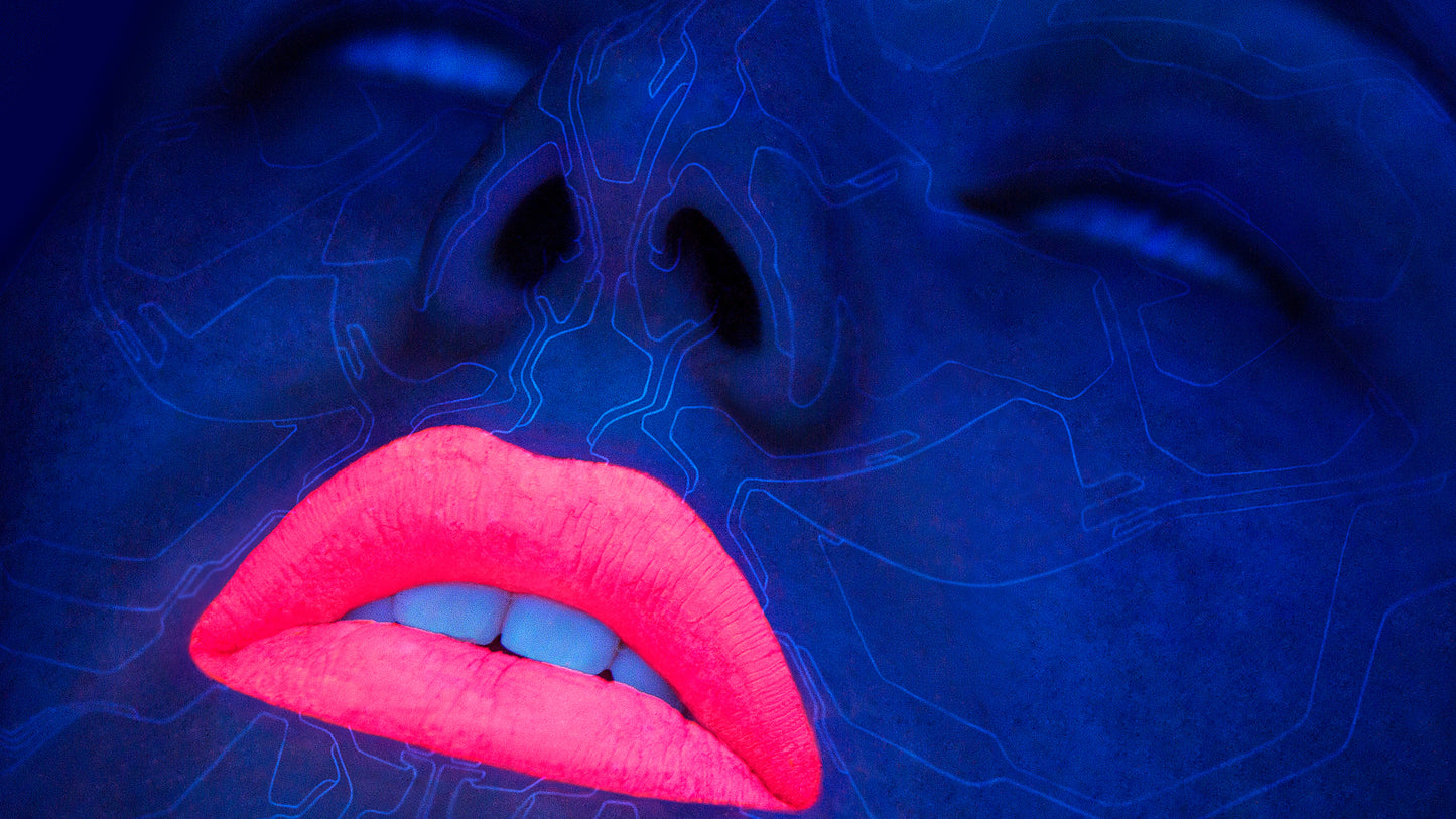 X262 - MEGA XXXL 160X90 CM Leinwandbilder inkl. Holzrahmen - Rosa Neon Lippen Blau computer Art