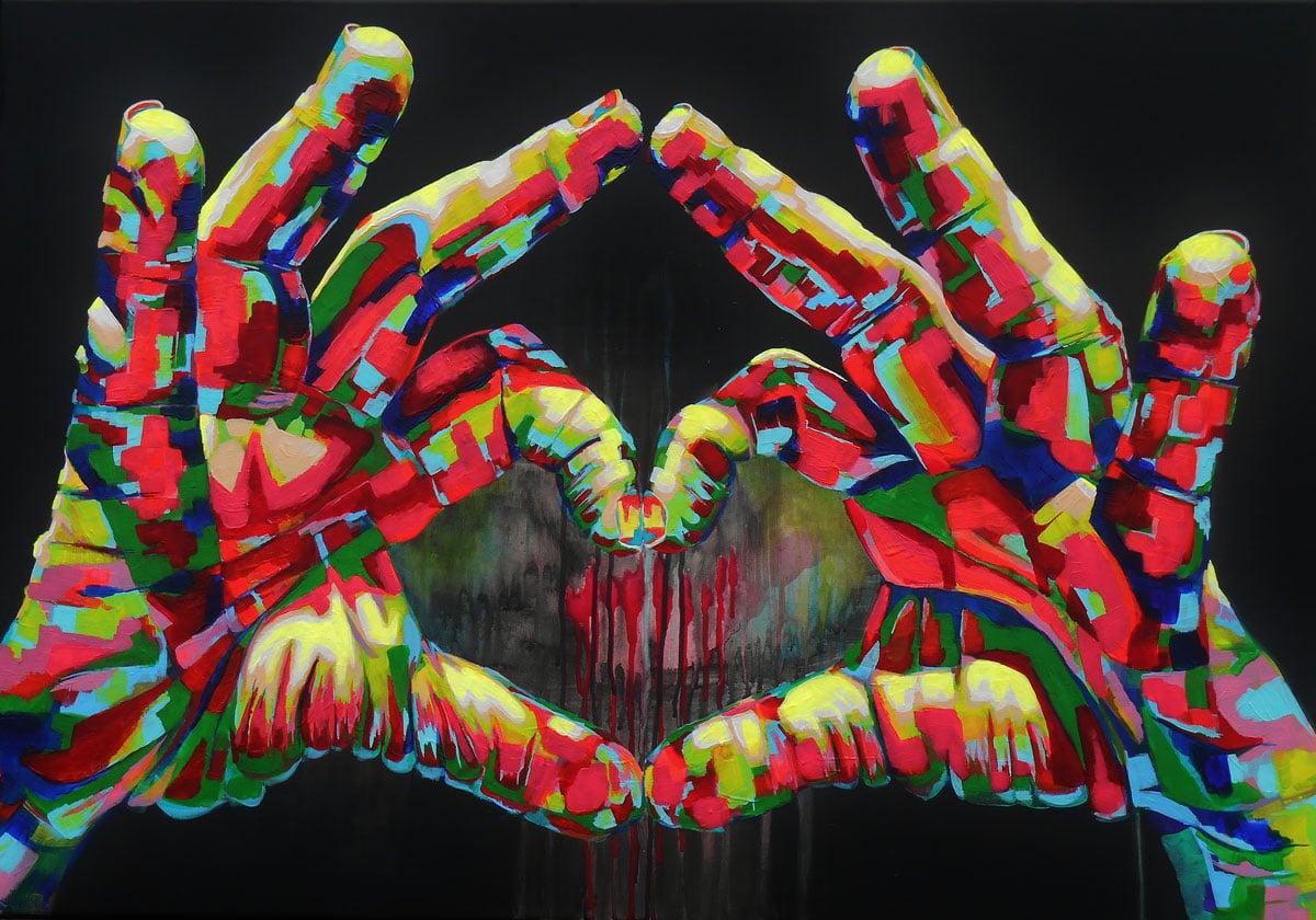 X265 - XXL LEINWANDBILDER - LEINWANDDRUCK MIT HOLZRAHMEN - Zwei Hände formen ein Herz Bunt Modern