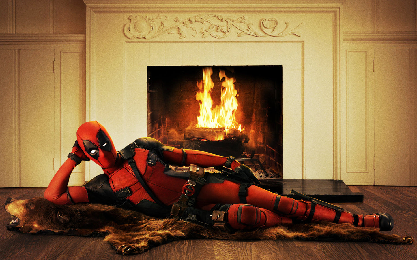 X341 - MEGA XXXL 160X90 CM Leinwandbilder inkl. Holzrahmen - Deadpool Ryan Gosling Kaminfeuer Lustig Superhelden