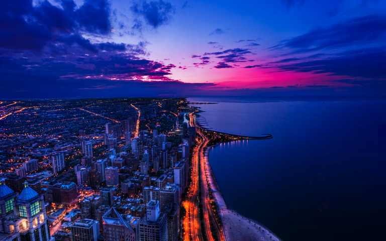 X348 - MEGA XXXL 160X90 CM Leinwandbilder inkl. Holzrahmen - Chicago Sonnenuntergang Städte SkylinE Strand