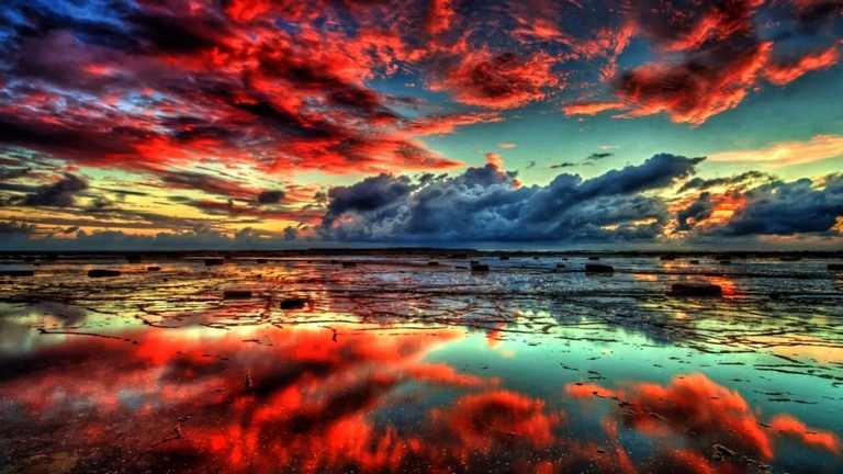X353 - MEGA XXXL 160X90 CM Leinwandbilder inkl. Holzrahmen - Farbenfrohe Wolken reflektieren sich im Wasser Natur