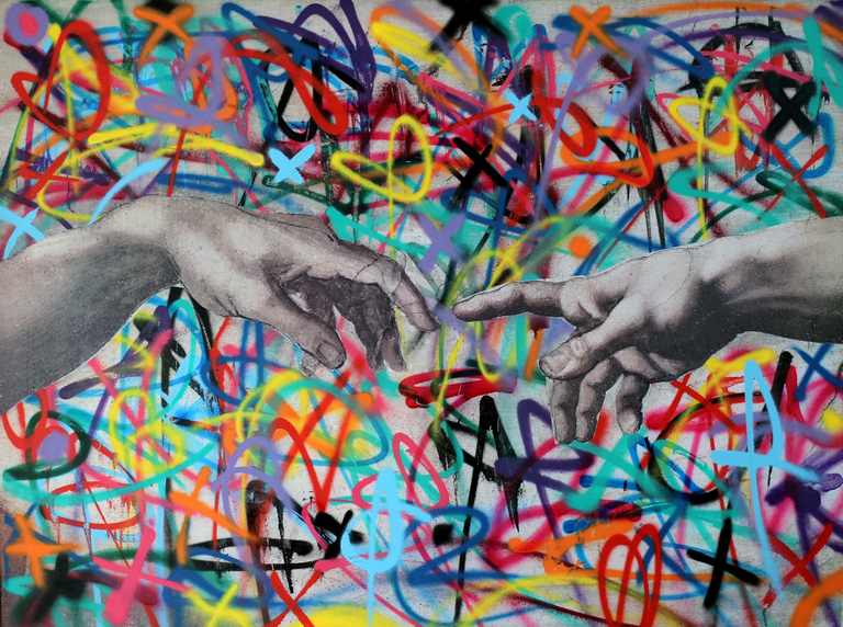 X426 - BANKSY MICHELANGELO FINGER BERÜHRUNG MEGA XXXL 160X90 CM Leinwandbilder inkl. Holzrahmen - Hände berühren sich