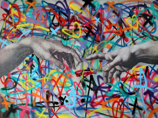 X426 - BANKSY MICHELANGELO FINGER BERÜHRUNG MEGA XXXL 160X90 CM Leinwandbilder inkl. Holzrahmen - Hände berühren sich